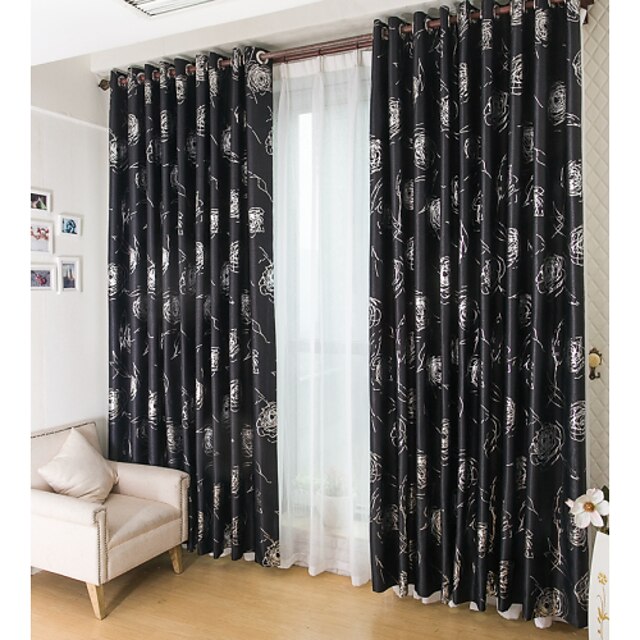  Rod Pocket Grommet Top Tab Top Double Pleat Two Panels Curtain Modern, Flocking Living Room Polyester Material Blackout Curtains Drapes