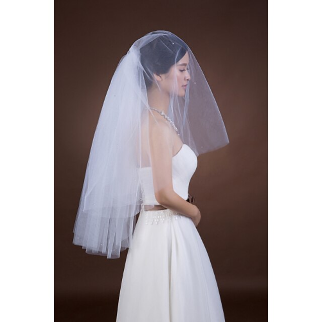  Two-tier Cut Edge Wedding Veil Elbow Veils with Rhinestone Tulle / Classic