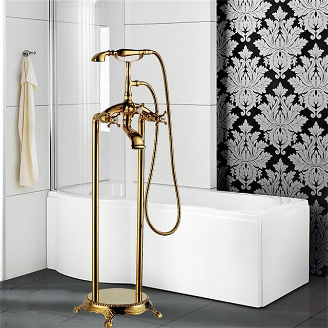  Bathtub Faucet - Contemporary Electroplated Free Standing Ceramic Valve Bath Shower Mixer Taps / Three Handles One Hole
