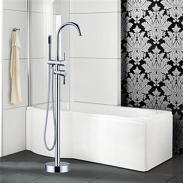  Bathtub Faucet - Art Deco / Retro Chrome Floor Mounted Ceramic Valve Bath Shower Mixer Taps / Two Handles One Hole