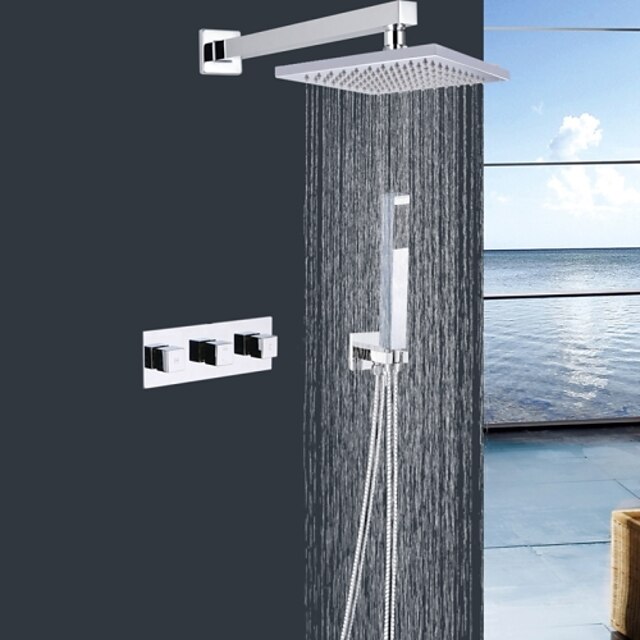  Ensemble de douche Ensemble - Effet pluie contemporain Chrome Montage mural Soupape céramique Bath Shower Mixer Taps / Laiton / Trois poignées trois trous