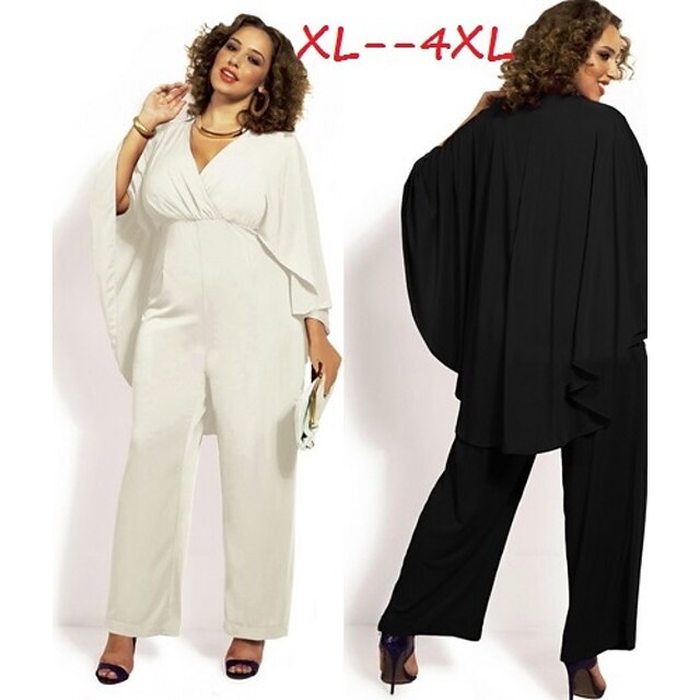  Women's Solid White/Black Plus Size Jumpsuit , Sexy/Casual V-Neck Short Sleeve