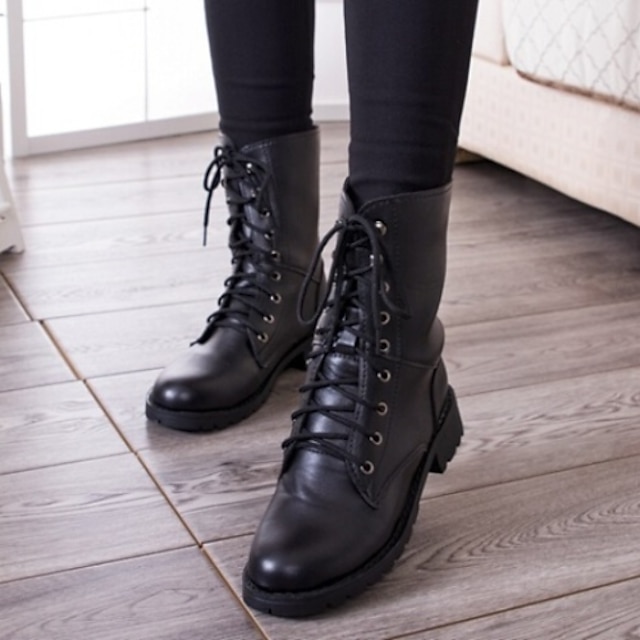  Mulheres Sapatos Courino Outono / Inverno Coturnos Salto Baixo 15.24-20.32 cm / Botas Cano Médio Cadarço Preto
