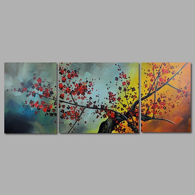  Hand-Painted Oil Painting on Canvas Wall Art Abstract Flowers Red BlossomThree Panel Ready to Hang