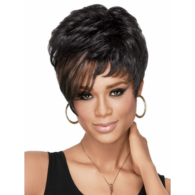  Chic Pixie Cut Synthetic African American Wig for Women Short Wavy Hair Full Wig with Bangs sw0116