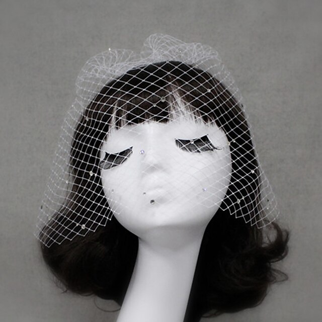  One-tier Cut Edge Wedding Veil Blusher Veils with Rhinestone Tulle / Birdcage