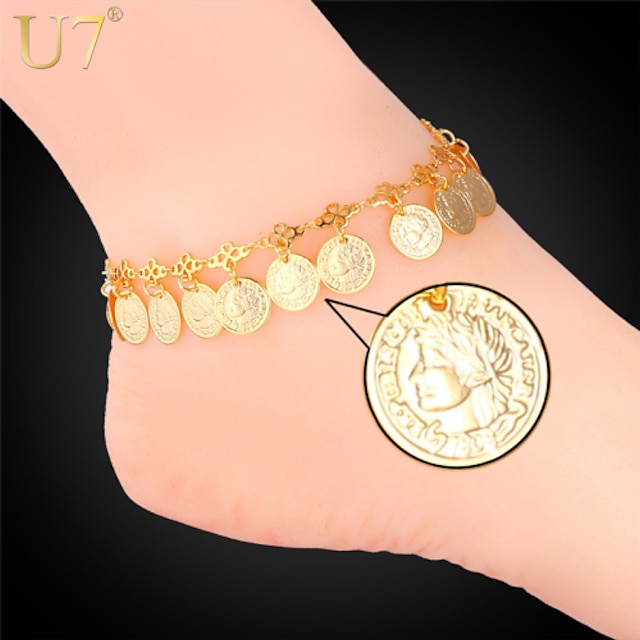  das mulheres u7® 18k verdadeiro ouro / platina banhado bonito moedas da Rainha encantos ajustáveis ​​pulseiras cadeia tornozelo fantasia