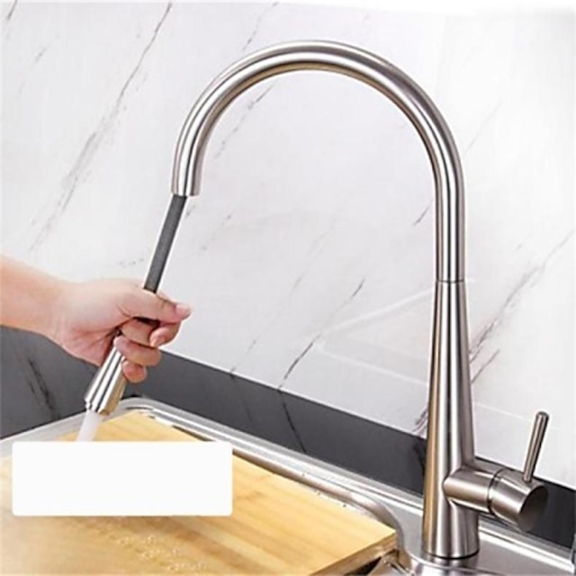  Single Handle Kitchen Faucet,Silvery One Hole 	Pull-out Nickel Brushed Deck Mounted Standard Spout Kitchen Faucet with Hot and Cold Water