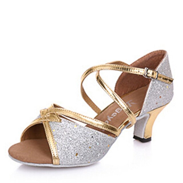  Damen Schuhe für den lateinamerikanischen Tanz Sandalen Kubanischer Absatz Paillette Schnalle Silber / Gold / Innen / Leder