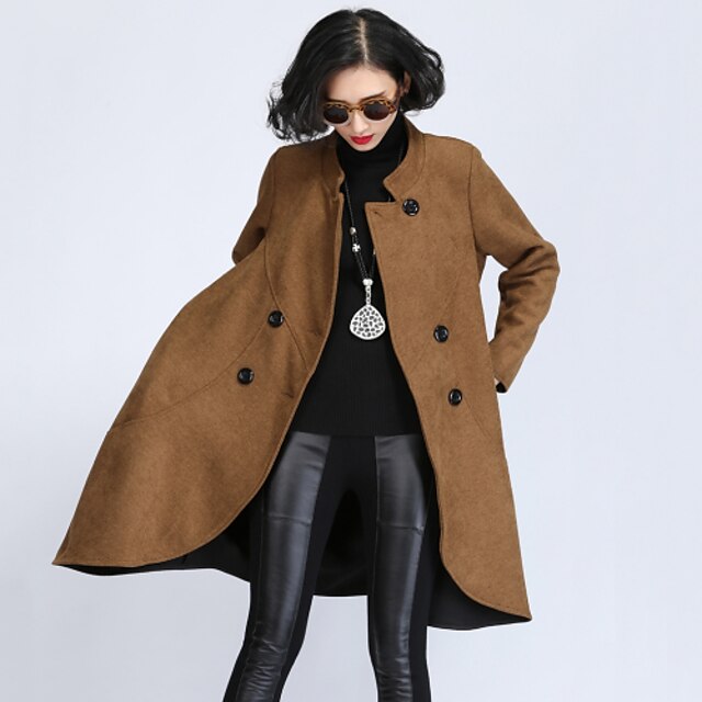  Women's Solid Black / Yellow Trench Coat , Casual / Plus Sizes Long Sleeve Tweed / Nylon / Wool Blends