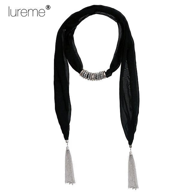  Lureme® Fashion Bohemia Style Solid Color Print Scarf with BeadsTassels Pendant Necklace