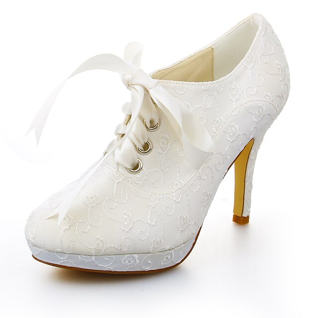  Women's Fall / Winter Stiletto Heel / Platform Wedding Dress Ribbon Tie Stretch Satin Ivory