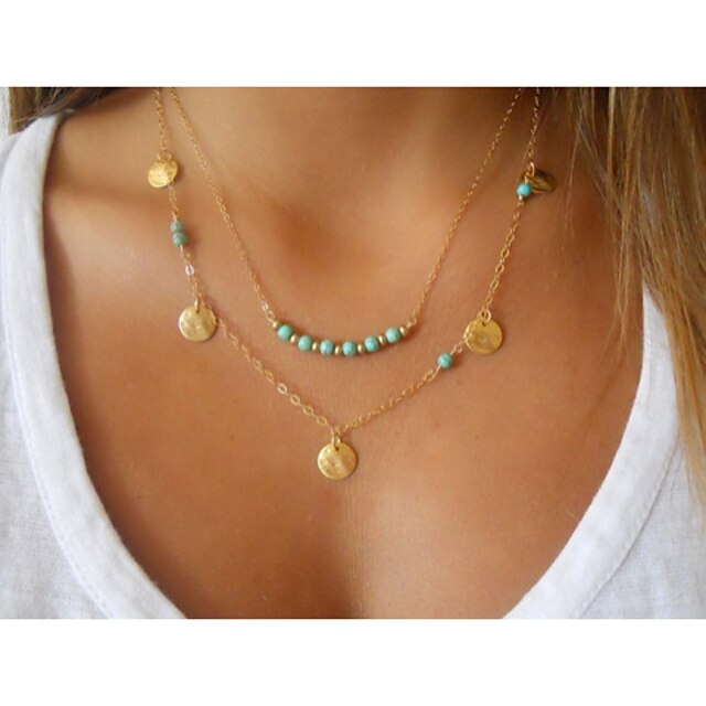  Women's Turquoise Pendant Necklace Layered Necklace Beaded Floating Ladies Double-layer Turquoise Alloy Golden Necklace Jewelry For Party Wedding Casual Daily