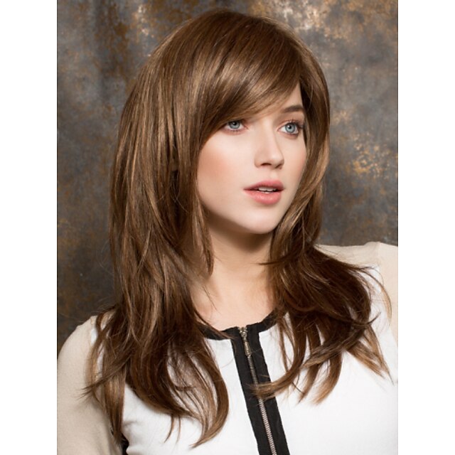  Synthetic Wig Straight Straight Layered Haircut With Bangs Wig Medium Length Brown Synthetic Hair Women's Side Part Brown