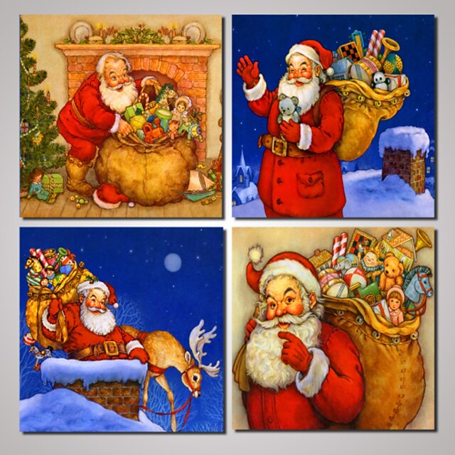  4 Panels Santa Claus Father Christmas Picture Print  on Canvas Unframed