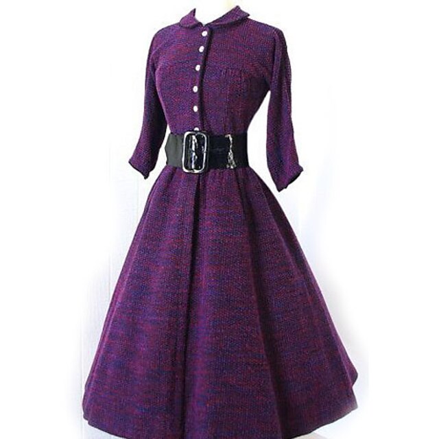  Women's Solid Purple Dress , Vintage / Casual Shirt Collar Long Sleeve
