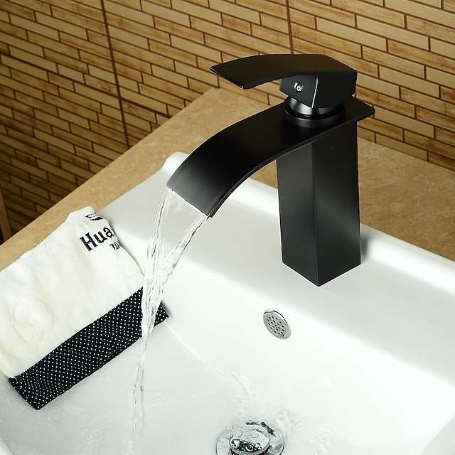  Bathroom Faucet,Oil-rubbed Bronze Waterfall Single Handle One Hole  Bathroom Sink Faucet with Drain and Ceramic Valve,Zinc Alloy Handle and Hot/Cold Switch