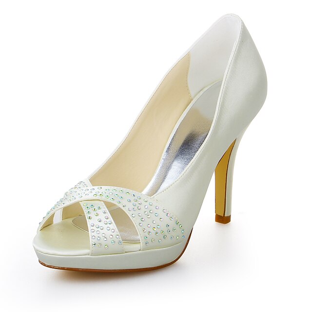  Women's Summer Stiletto Heel / Platform Wedding Dress Crystal Stretch Satin Ivory