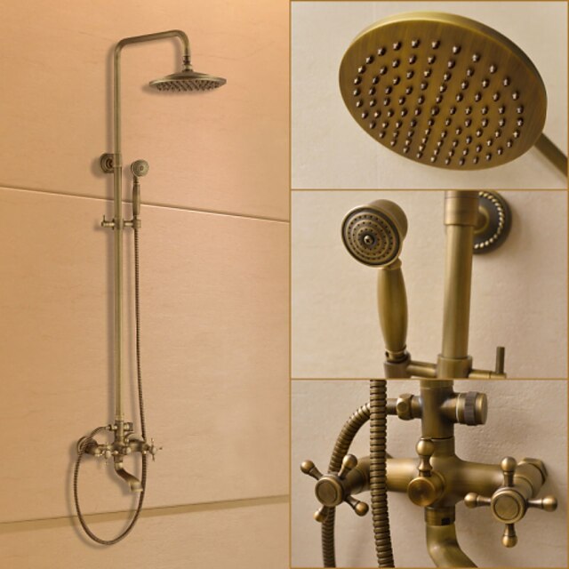  Shower System Set - Rainfall Traditional Antique Brass Shower System Ceramic Valve Bath Shower Mixer Taps / Two Handles Three Holes