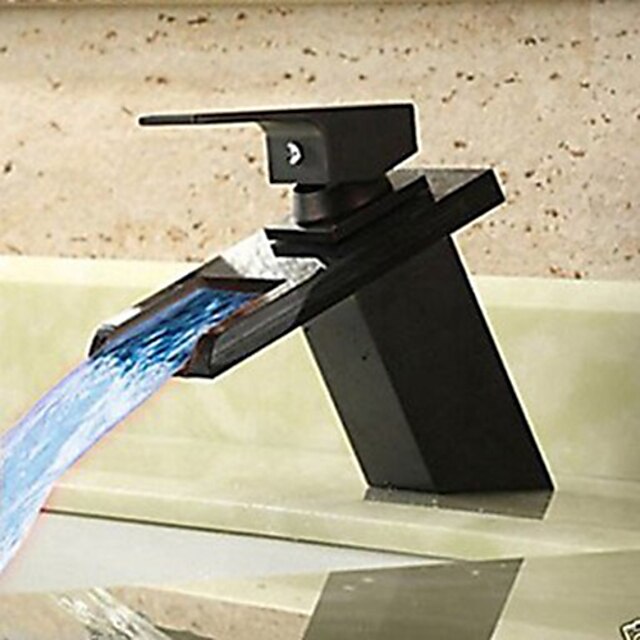  Single Handle Bathroom Faucet Oil-rubbed Bronze with 3-color LED Waterfall Brass Basin Sink Faucet Black Adjustable to Cold and Hot Water