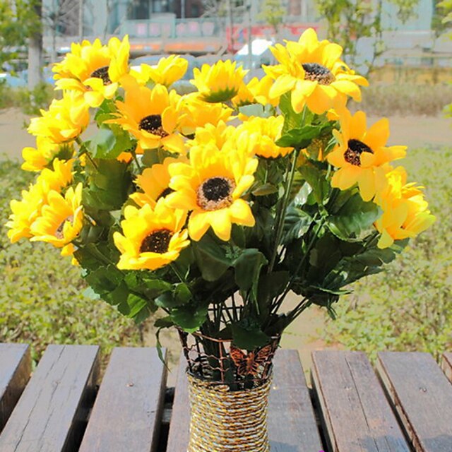  1 Ast Seide Kunststoff Sonnenblumen Tisch-Blumen Künstliche Blumen