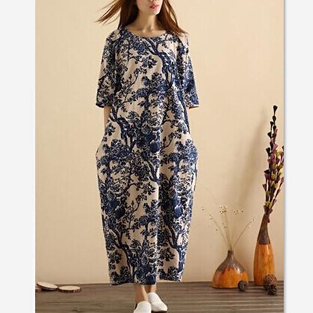 Women's Casual / Maxi Print Dress , Round Neck Maxi Linen 2023 - US $22.99