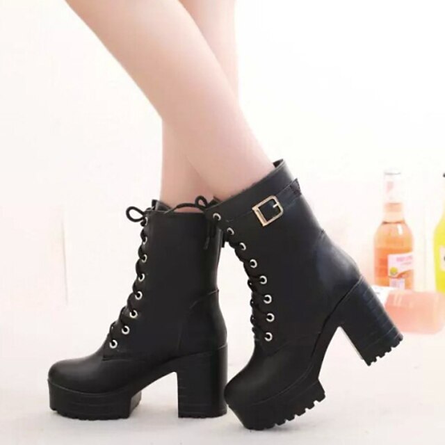 Women's Shoes New Arrival Flange Lace-Up Chunky Heel Bootie / Round Toe Boots Casual Black