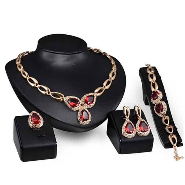  Women's 18K Gold Plated Crystal Earrings Ring Bracelet Necklace Set