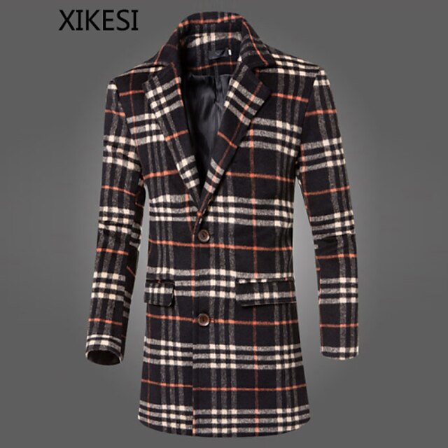  Men's Long Sleeve Long Coat , Cotton / Polyester Plaids & Checks XKS10A02