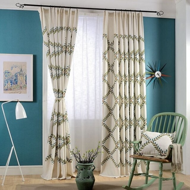  (Two Panels)Modern Olive Branch Embroidered Linen/Cotton Blend Energy Saving Curtain(Sheer Not Included)