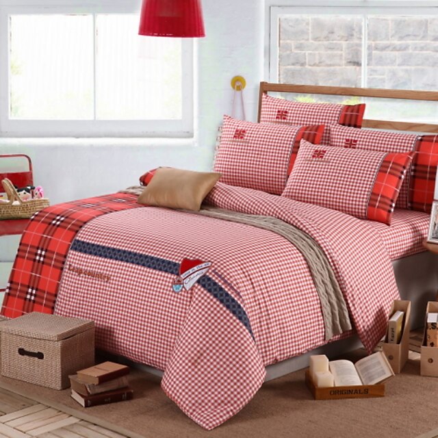  Duvet Cover Sets 4 Piece Cotton Solid Colored Red Embroidery Contemporary / >800