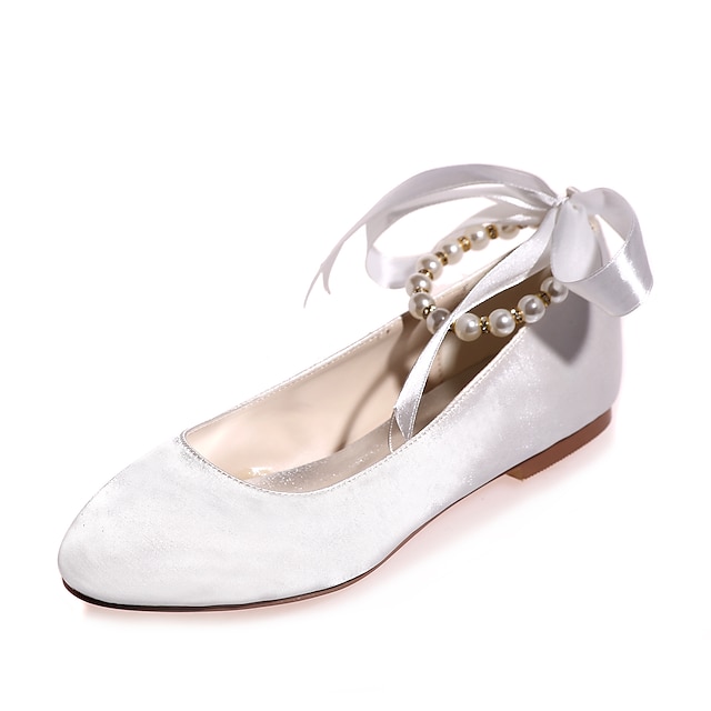  Women's Wedding Shoes Plus Size Wedding Flats Bridal Shoes Pearl Ribbon Tie Lace-up Flat Heel Ballerina Wedding Party & Evening Satin Spring Summer White Pink Fuchsia