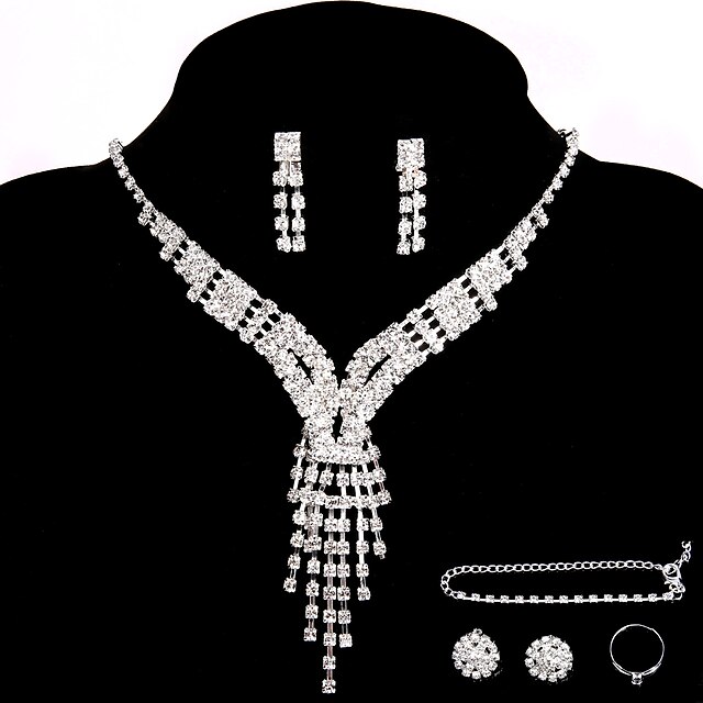  Fashion Bridal Wedding Party Jewelry Sets Crystal Necklace Ring Bracelet Earrings Gift 2 Pairs Rhinestone Earrings