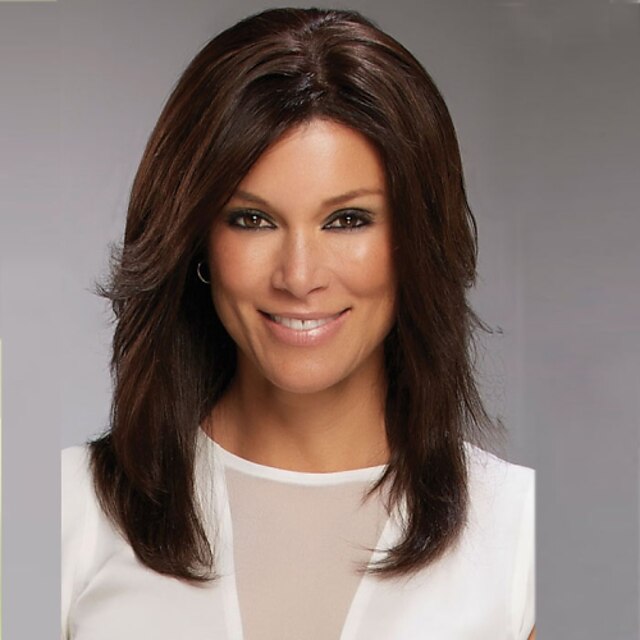  brown color long length high quality natural straight hair synthetic wig with side bang