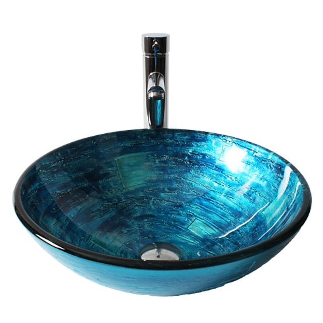  sininen pyöreä kromi karkaistu lasiallas, jossa suora putkihana, altaan tuki ja viemäri