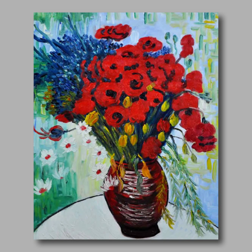  Ready to hang Stretched Hand-Painted Oil Painting Canvas Van Gogh repro Vase with Daisies and Poppies One Panel