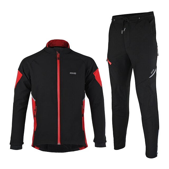  Arsuxeo Men's Long Sleeve Cycling Jacket with Pants - Black / Red Black / Green Bike Jacket Clothing Suit Thermal / Warm Windproof Anatomic Design Waterproof Zipper Reflective Strips Winter Sports