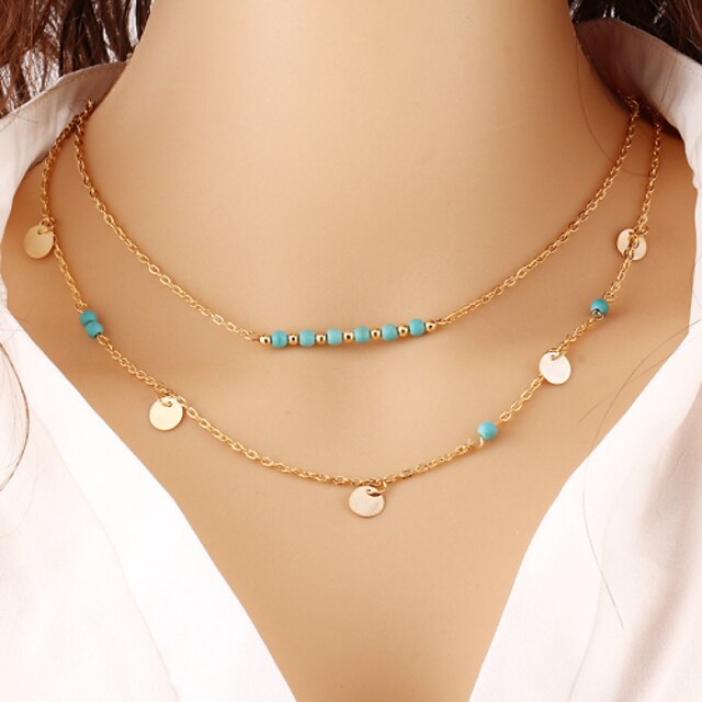  Women's Turquoise Necklace Layered Double Ladies Casual Fashion Vintage Brass Turquoise Silver Gold Necklace Jewelry For Special Occasion Birthday Gift