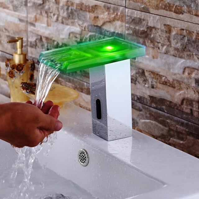  Bathroom Sink Faucet - Waterfall / Sensor Chrome Deck Mounted Hands free One HoleBath Taps