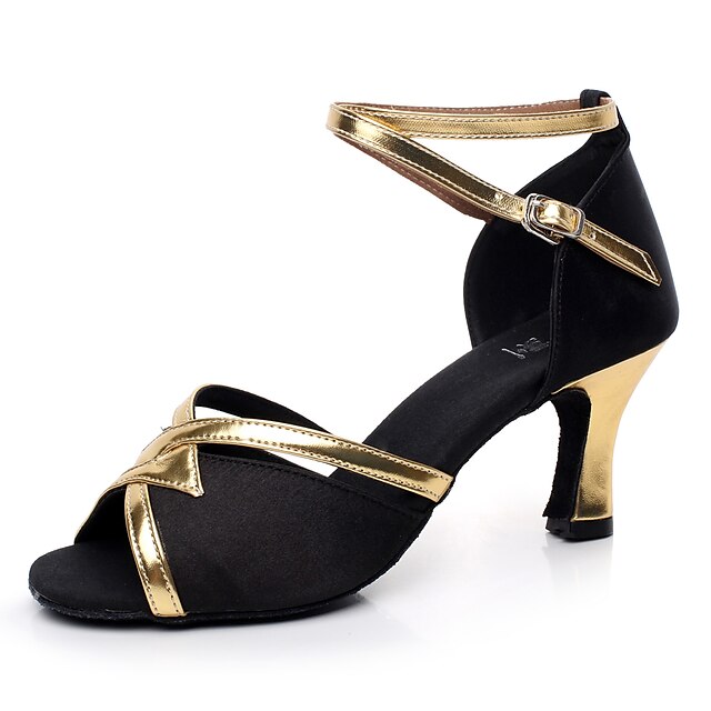  Women's Latin Shoes Sandal Customized Heel Satin Satin Flower Buckle Black / Indoor / Leather / Salsa Shoes