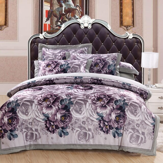  Duvet Cover Sets Floral 4 Piece Cotton Reactive Print Cotton 1pc Duvet Cover 2pcs Shams 1pc Flat Sheet