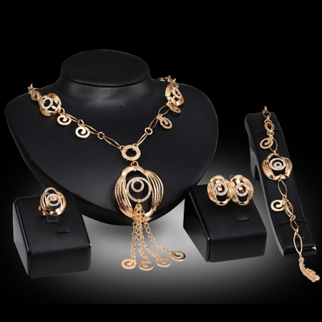  Lucky Doll Women's Luxury Gem 18K Gold Plated Necklace & Earrings & Bracelet & Ring Jewelry Sets
