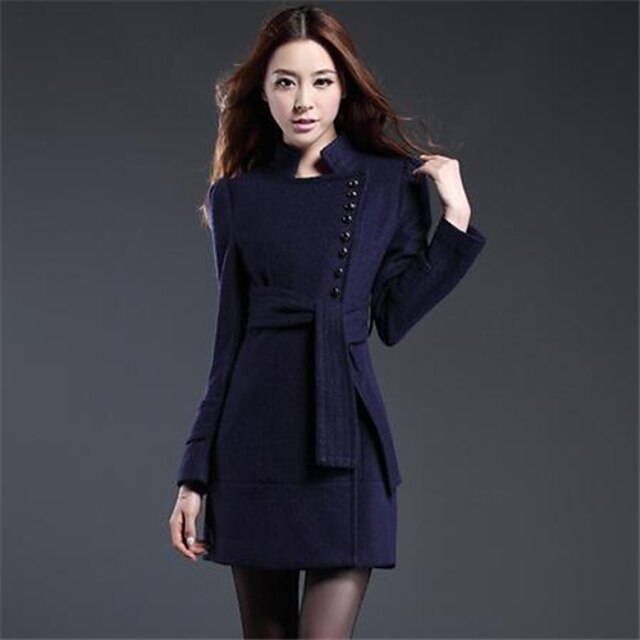  Women's Solid Blue Coat , Casual Long Sleeve Tweed