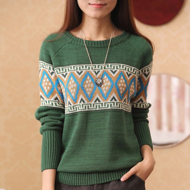  Women's Striped / Patchwork Red / Green / Beige Pullover , Sexy Long Sleeve