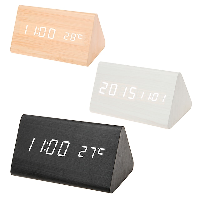  multicolor geluiden controle houten klok nieuwe moderne hout digitale led bureau alarmklok thermometer timer kalender tafel decor