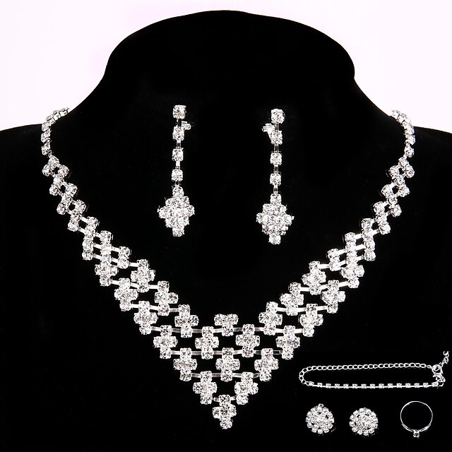  Wedding Party Crystal Pendant Necklace Jewelry Sets  Ring Gift with 2 Pairs of Rhinestone Earrings for Wedding Dress