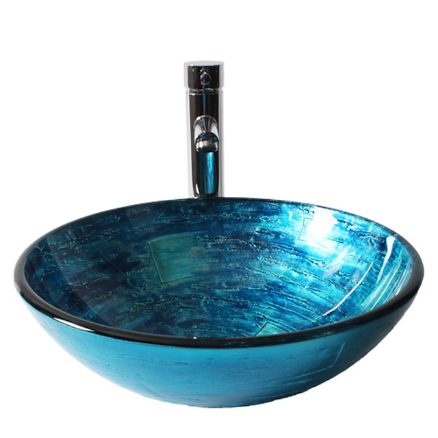 Blue Round Chrome Tempered Glass Glass Basin with Straight Tube Faucet ...