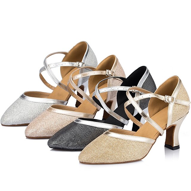  Women's Modern Shoes Satin Buckle Heel Appliques Stiletto Heel Customizable Dance Shoes Champagne / Black / Silver / Indoor