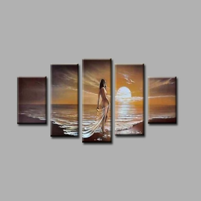  pronto para pendurar esticado emoldurado pintado à mão pintura a óleo lona parede arte nascer do sol meninas praia cinco painéis