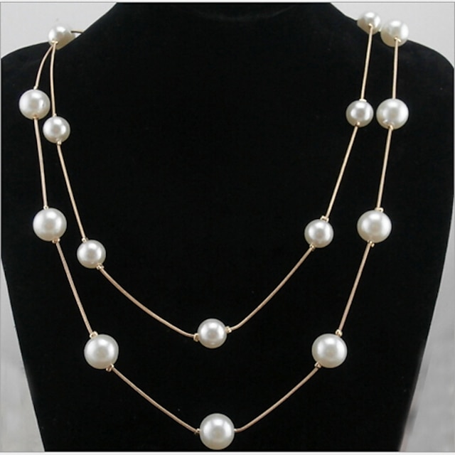  Women's Pearl Statement Necklace Layered Necklace Long Double Floating Ladies Fashion Double-layer Pearl Alloy Pearl White Necklace Jewelry For / Pearl Necklace / Long Necklace